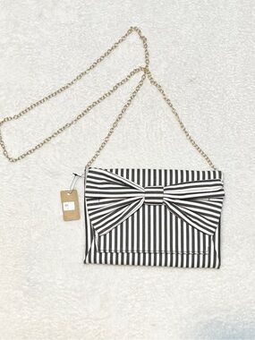 3AM Forever Black and White Stripe Bow Clutch Purse with Detachable Gold Chain